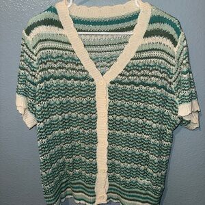 SHEIN Cream & Green Striped Knit Button-Front Cardigan